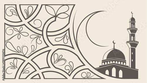 Minimalist mosque silhouette with crescent moon and abstract swirling patterns for ramadan kareem greeting and modern islamic branding design featuring simple line art and neutral tone