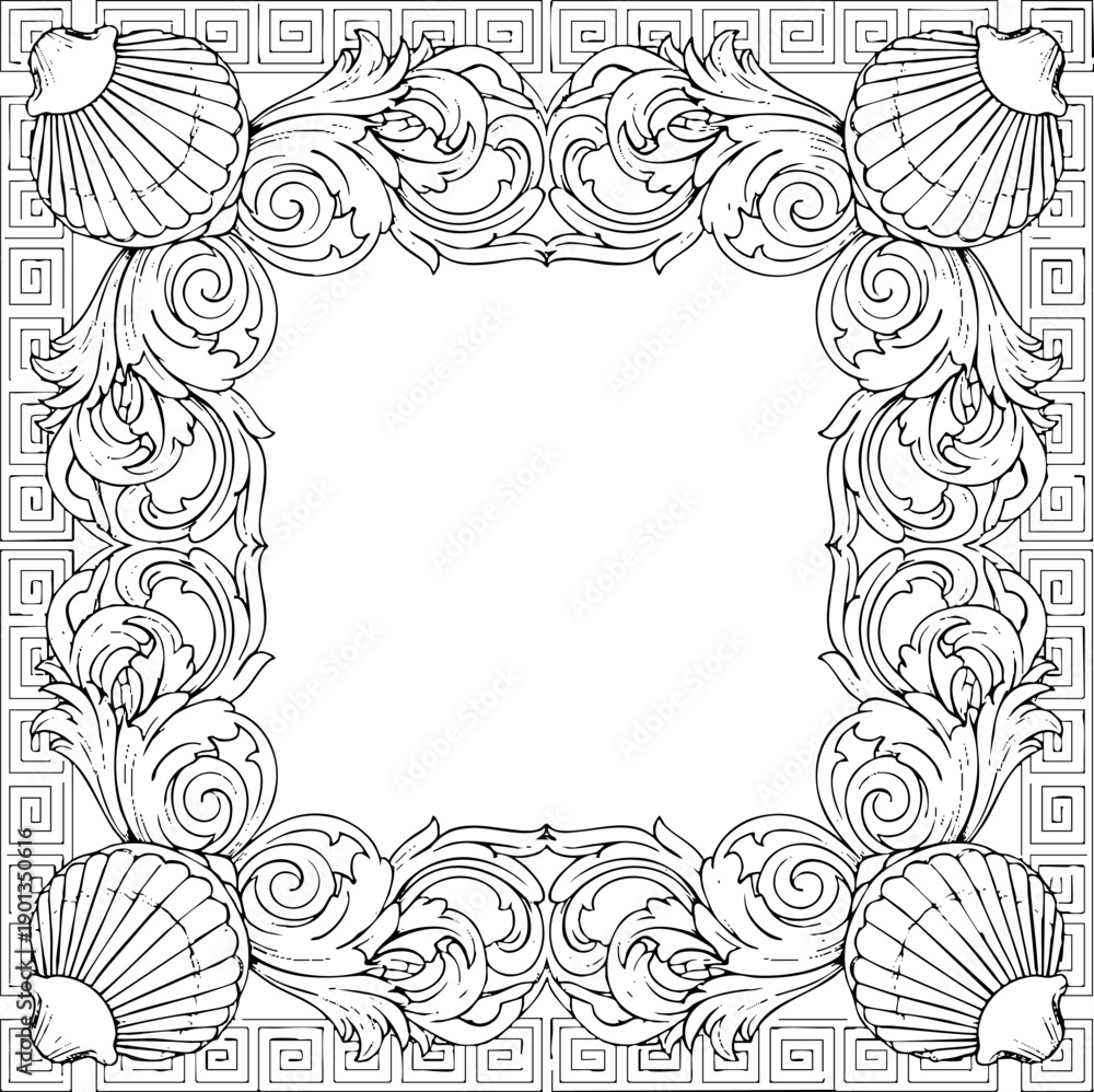 Fototapeta premium Black and White Baroque Ornate Frame Border with Shells