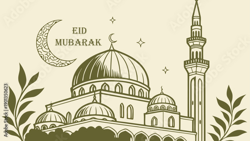 Hand drawn mosque illustration with crescent moon and stars for eid mubarak greeting card featuring olive green line art on beige background with natural leaves and plants elements