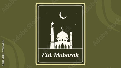 Eid mubarak greeting card with mosque illustration, crescent moon, stars, and decorative frame on an olive green background, traditional islamic festival design