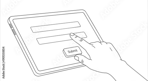 Vector hand interacting with tablet submit button, for website or app UI mockup, isolated on transparent background, png