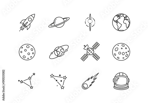 A black and white icon set illustrating twelve space and astronomy concepts