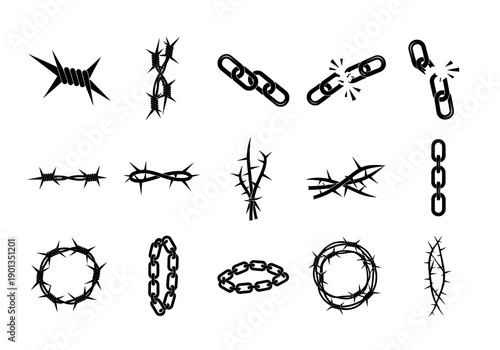 Black silhouette icons of barbed wire thorny vines and brokenlinked chains