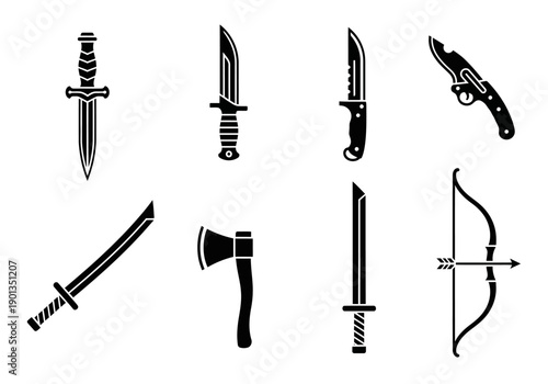 Black silhouettes of eight different weapon icons arranged in two rows