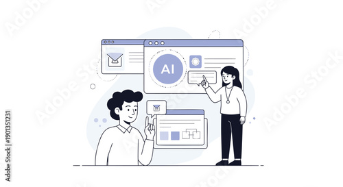 Vector illustration of two people interacting with AI interface, for website or app UI, with chat bubble and screen elements, Isolated on transparent background, png