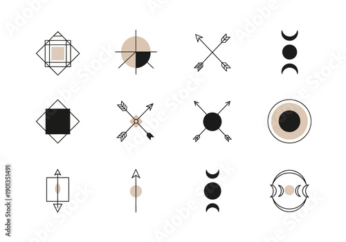 Twelve minimalist geometric and celestial symbols in black and beige