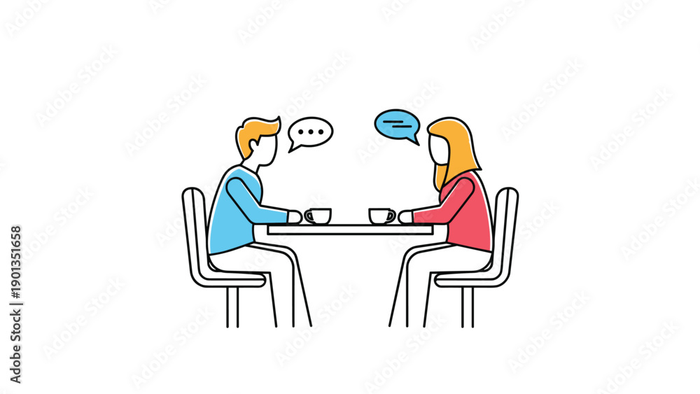 Fototapeta premium Two people sit across table and share a casual conversation with coffee cups at a simple line drawing table in a friendly warm illustration.