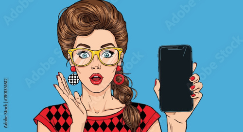 Stylish Pop Art Girl with Smartphone and Glasses Illustration. Professional vector illustration of an attractive young woman in glasses holding a mobile phone.