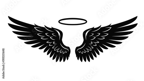 Elegant black angel wings with a delicate halo symbolize protection freedom and celestial grace rendered as a bold silhouette.