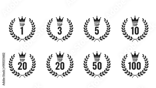 Collection of black laurel award badges displaying top rankings from 1 to 100 in various sizes for clear visual recognition and design versatility.