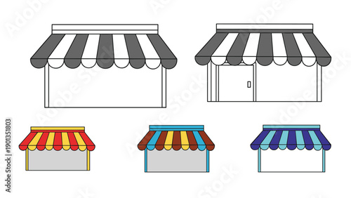 Row of small shop fronts with striped awnings in black and white and colorful variations arranged on a clean white background.
