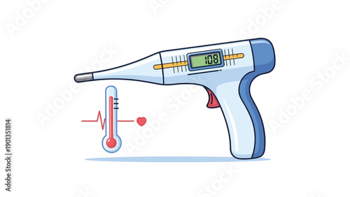 Digital infrared thermometer gun displays a temperature reading beside a traditional thermometer and a small heart symbol highlighting fever monitoring.