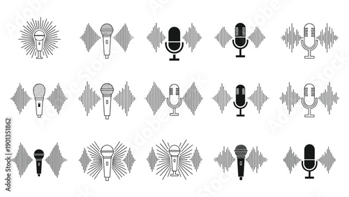 Collection of diverse microphone icons and sound wave graphics arranged in rows to evoke studio recording broadcasting and podcasting themes.