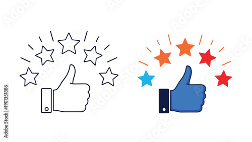 Two thumbs up icons surrounded by star bursts appear in a split color design to convey positive feedback and praise across bold and minimal styles.