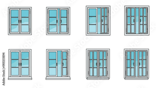 Eight illustrated window designs arranged in a grid showing varied frame styles and glass pane configurations for architectural reference and design exploration.
