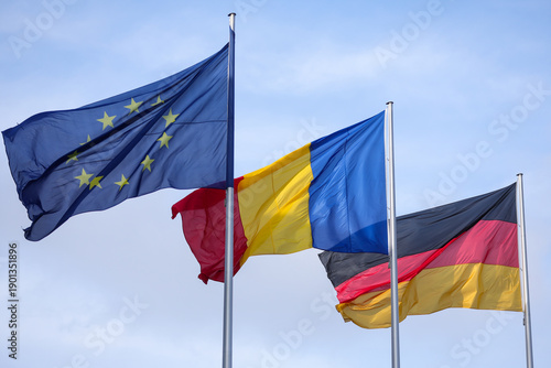 European Union, Romania and Germany flags are seen during political heads of state meeting