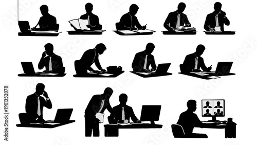 Office Desk Work Silhouette Daily Business Activity Collection