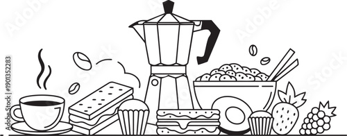 Minimalist Coffee and Breakfast Food Line Art Illustration