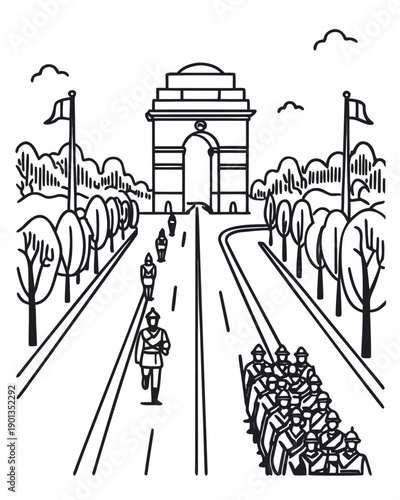 Stylized black and white drawing depicting Indian soldiers marching past India Gate monument