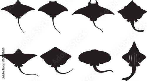 Eight Detailed Stingray and Manta Ray Silhouettes Vector Collection: Diverse Marine Wildlife Icons for Ocean Logos, Scuba Decals, Aquarium Graphics, and Underwater Design Assets