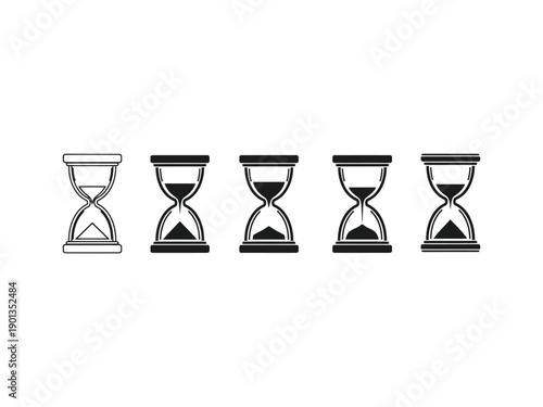 Five Hourglass Icons Showing Sand Flowing - Vector Illustration for Time and Measurement
