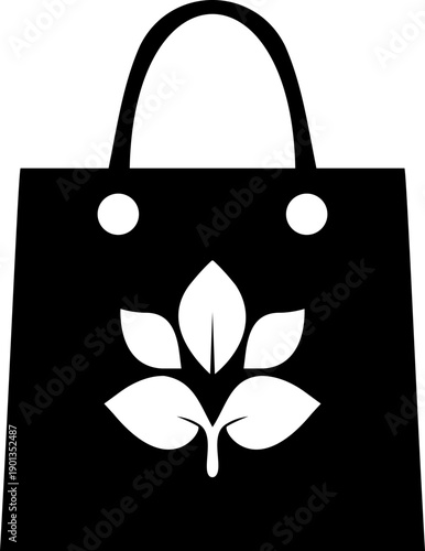 Eco Bag Icon Featuring Black Shopping Bag with White Plant for Sustainability, Green Consumerism, and Minimalist Design