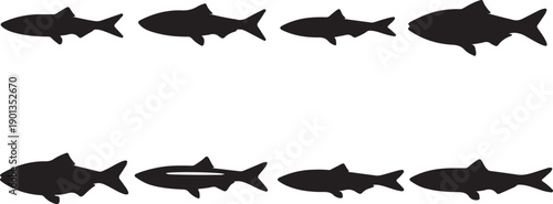 Diverse Black Fish Silhouettes Vector Set - Collection of 8 Marine Animal Icons for Fishing Logos, Aquatic Design, Packaging, and Sport Fishing Apparel Graphics.
