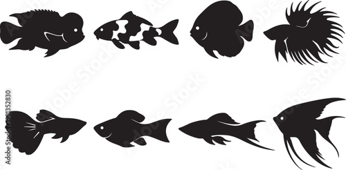 Aquarium Fish Silhouettes Vector Set: Collection of 8 Tropical Freshwater Species Icons including Betta, Angelfish, Guppy, Discus, and Cichlid for Pet Shop Logos or Aquatic Themes