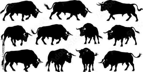 Collection of various bull silhouettes in different poses and angles showcasing their strength and power in a minimalist style silhouette