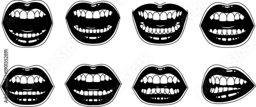 Collection of various smiling mouths and teeth silhouette illustrations