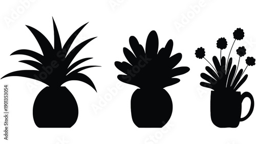 Black silhouettes of plants in pots on white background