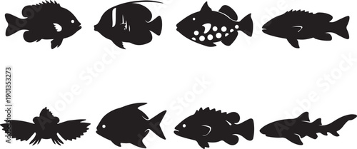Diverse Underwater Fauna Silhouettes: Set of 8 Minimalist Black Vector Icons Representing Tropical and Aquatic Fish Species for Logo Design, Fishing Graphics, and Nature Themes
