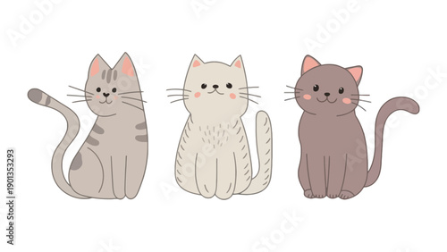 Three cute cartoon cats sitting together on white background