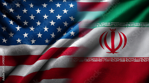 us flag waving next to iranian flag. relations usa iran