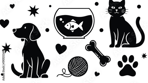 Black and white illustration of pets and pet accessories on white background