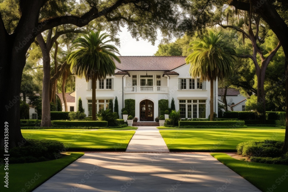 Obraz premium Grand luxury house featuring a well maintained lawn, palm trees, and classic architecture