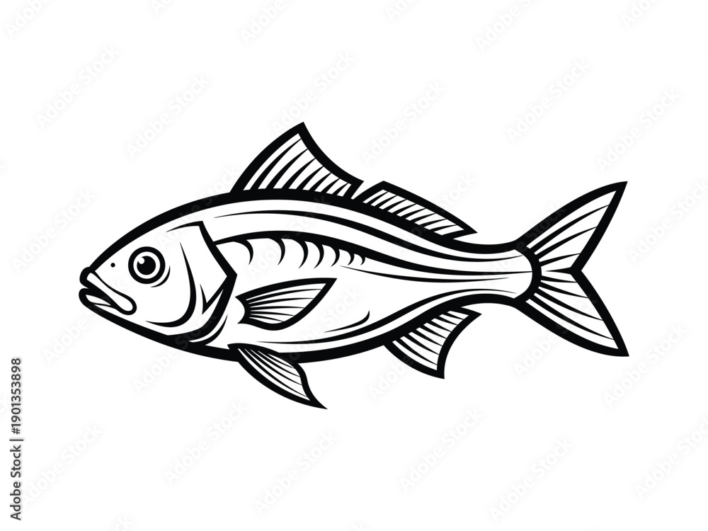 Obraz premium Detailed black and white outline of a stylized fish, suitable for seafood, fishing, or aquatic themes.