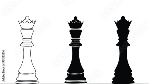 Three chess queens in different colors and styles on a white background