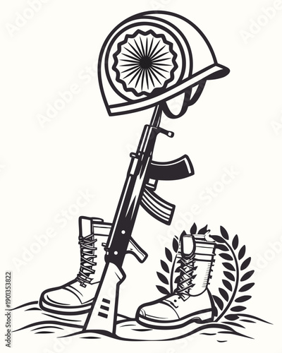 Memorial honoring fallen soldiers with helmet rifle and boots vector art