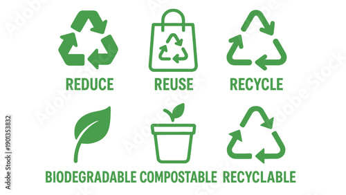 Eco friendly symbols for reduce reuse recycle and biodegradable materials