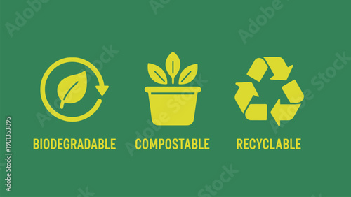 Eco friendly icons for biodegradable, compostable and recyclable materials
