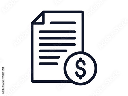 Black and white outline of a document with horizontal lines and a dollar sign coin, symbolizing financial documents.