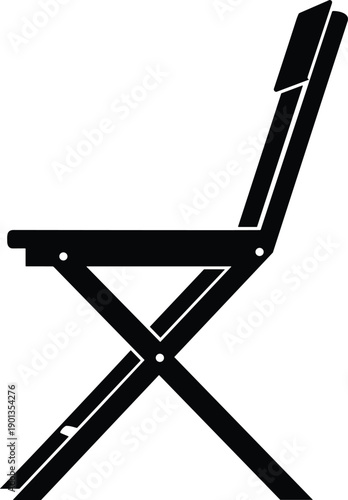 Black silhouette vector illustration of folding chair with angled backrest, seat, and crossed legs featuring pivot points, symbolizing portable seating and collapsible furniture design.