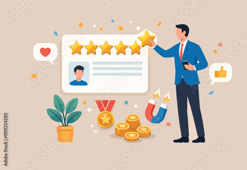 5 Stars review, customer feedback evaluation, best quality or satisfaction, opinion, best rating reputation or online positive review concept, customer giving 5 stars rating or customer experience.