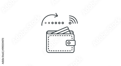Simple line art icon illustrating digital contactless payment functionality emerging from a standard folded wallet containing credit cards.