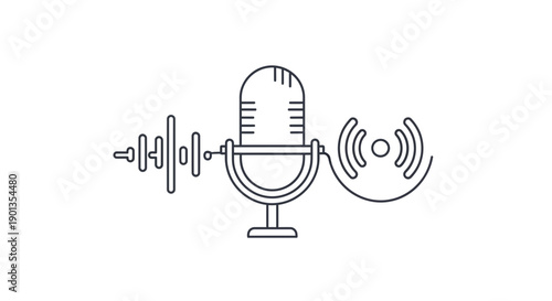 Minimalist line art icon representing a vintage broadcast microphone capturing sound waves and transmitting audio signals clearly online.