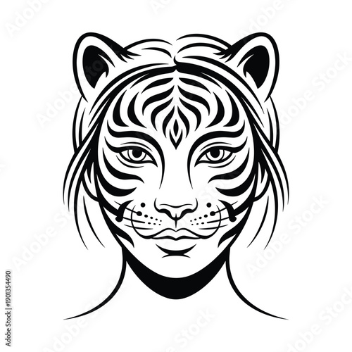 Stylized black and white tribal tiger face illustration with humanlike features and intricate patterns