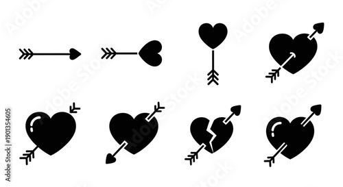 Black silhouettes of hearts pierced by arrows depicting love and heartbreak