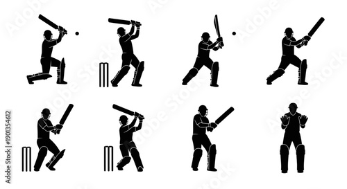 Silhouettes of cricketers in various batting stances and positions