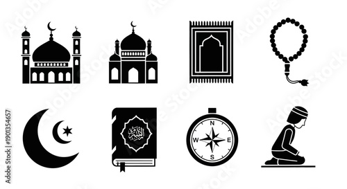 Islamic symbols and religious elements in a black and white illustration